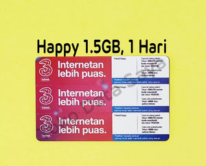 Voucher Kuota Data 3 / Three / Tri Happy 1.5GB, 1 Hari