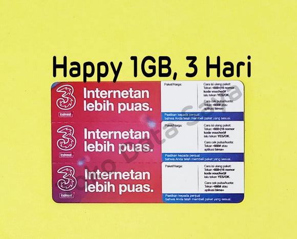 Voucher Kuota Data 3 / Three / Tri Happy 1GB, 3 Hari (PROMO) NEW total (1.5GB)