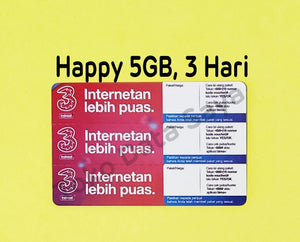 Voucher Kuota Data 3 / Three / Tri Happy 5GB, 3 Hari ( Promo ) NEW (6.5GB)