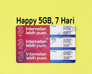 Voucher Kuota Data 3 / Three / Tri Happy 5GB, 7 Hari ( PROMO ) NEW TOTAL (6.5GB)