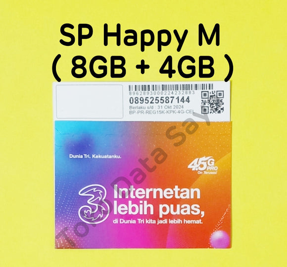 Perdana Kuota Data 3 / Three / Tri Happy ( M ) 8GB + 4GB TOTAL 12GB